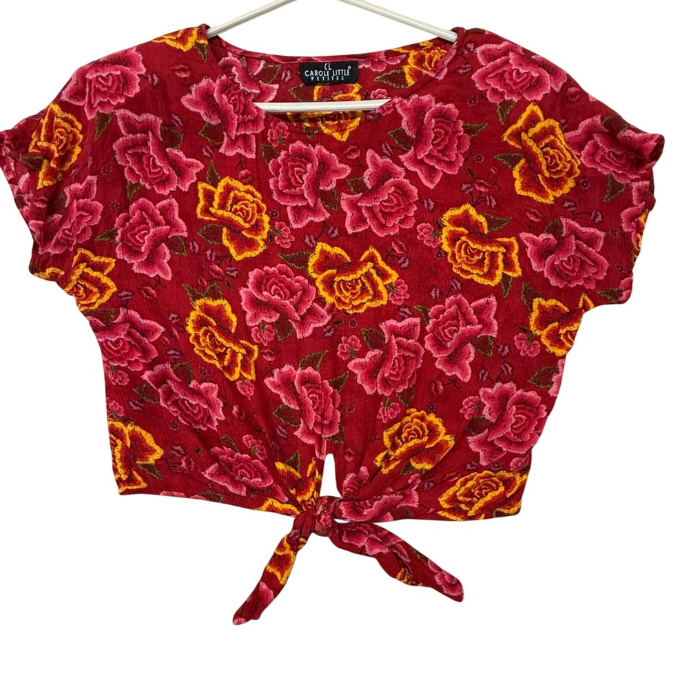 Carole Little Petites Vintage Red Floral Tie Front Short‎ Sleeve Blouse Top